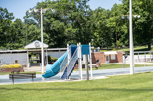 Berks County, Pennsylvania, USA- June 13, 2020: Public municpal swimming pool closed for summer to protect residents staff from contracting COVID-19.