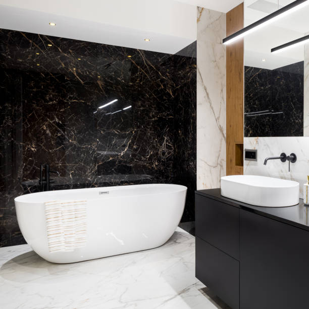 istock Luxury and stylish bathroom with marble tiles 1250712109