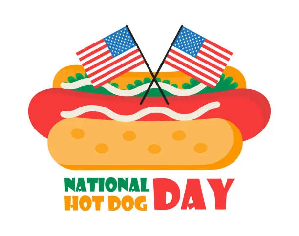 Vector illustration of National hot dog concept vector postcard and web. American fast food poster or banner for day featuring a hot dog with salad. Small USA flag is shown.