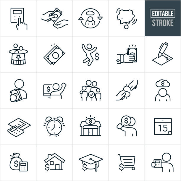 Taxes Thin Line Icons - Editable Stroke A set of taxes icons that include editable strokes or outlines using the EPS vector file. The icons include a hand using a calculator, person paying taxes, person receiving payment of taxes, sad person, piggy bank being emptied, uncle sam hat collecting coins, dollar bills, person jumping up and down after receiving a tax refund, uncle sam hand giving out money, tax form, signature, person holding out cash, family tax deduction, person in debt due to taxes, calculator and form, alarm clock indicating a deadline, tax center, tax accountant, calendar, calculator and money bag, home, education, sales tax and additional icons. refund stock illustrations