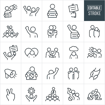 A set of protest and demonstration icons that include editable strokes or outlines using the EPS vector file. The icons include a protestor with sign and bullhorn, two protestors with fists raised, demonstrator holding a sign, demonstrator speaking to a crowd of demonstrators, two people hugging, person with arm around shoulder of a demonstrator, peaceful handshake between two people, depressed person, demonstrator with bullhorn and demonstrators in the background, hands clasped, hope and change concepts, person giving speech, banned violence and other related icons.