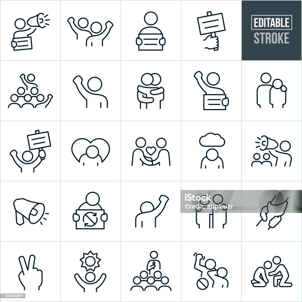 Protest and Demonstration Thin Line Icons - Editable Stroke A set of protest and demonstration icons that include editable strokes or outlines using the EPS vector file. The icons include a protestor with sign and bullhorn, two protestors with fists raised, demonstrator holding a sign, demonstrator speaking to a crowd of demonstrators, two people hugging, person with arm around shoulder of a demonstrator, peaceful handshake between two people, depressed person, demonstrator with bullhorn and demonstrators in the background, hands clasped, hope and change concepts, person giving speech, banned violence and other related icons. Icon stock vector