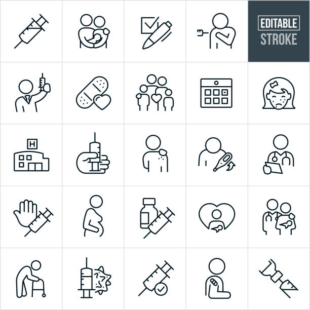 Immunization Thin Line Icons - Editable Stroke A set of immunization icons that include editable strokes or outlines using the EPS vector file. The icons include a syringe, couple holding newborn, check list, person getting a flu shot, doctor holding a syringe, bandage, family, calendar appointment, girl with chickenpox, hospital, hand holding syringe, person with virus, person with fever, doctor reviewing notes, pregnant woman, syringe and vial, new mother with baby, senior with walker, virus and shot needle, child with bandage after immunization and other related icons. injection stock illustrations