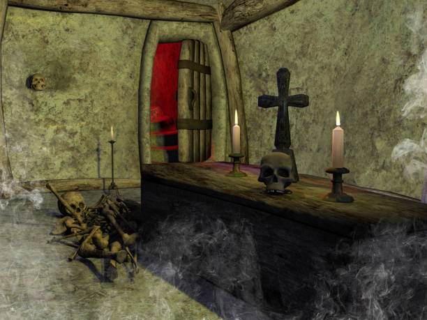 istock Creepy tomb with skulls. 1250719633