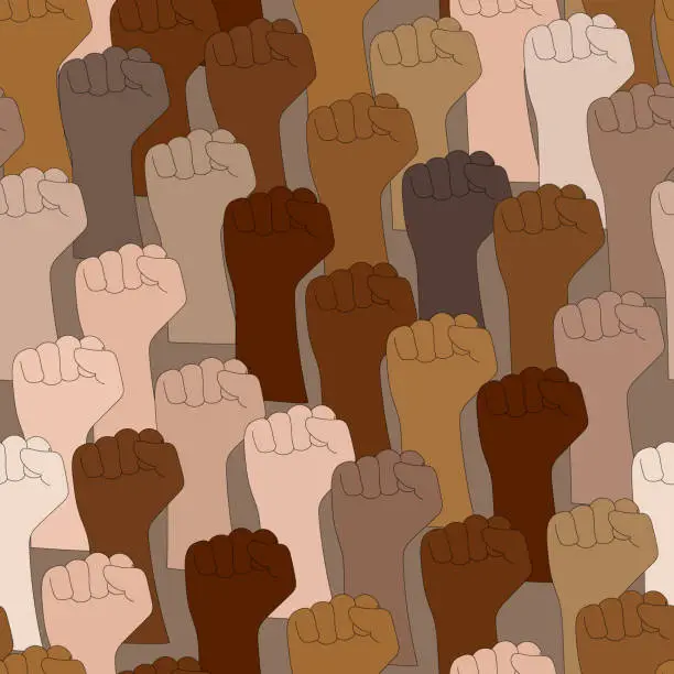 Vector illustration of Seamless pattern of raised arms with clenched fists of different skin colors. Fight against racial discrimination concept.