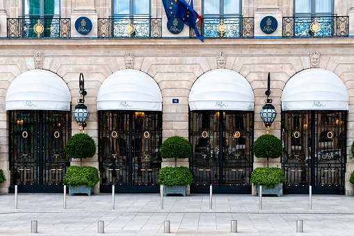 Usually busy, the famous international Ritz Palace on Vendome place (Place Vendome) is closed during pandemic Covid 19 in Europe. There are no people and no cars because people must be at home and be confine. Restaurants, hotels, stores, museums... are closed. Paris, in France. May 15, 2020.