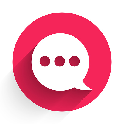 White Speech bubble chat icon isolated with long shadow. Message icon. Communication or comment chat symbol. Red circle button. Vector Illustration