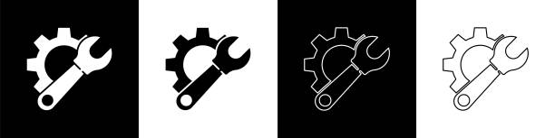 ilustrações de stock, clip art, desenhos animados e ícones de set wrench spanner and gear icon isolated on black and white background. adjusting, service, setting, maintenance, repair, fixing. vector illustration - mechanic tools