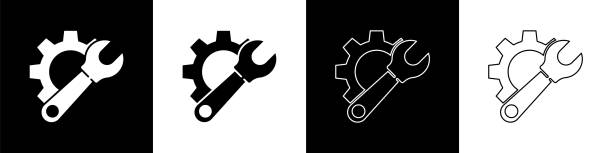 Set Wrench spanner and gear icon isolated on black and white background. Adjusting, service, setting, maintenance, repair, fixing. Vector Illustration Set Wrench spanner and gear icon isolated on black and white background. Adjusting, service, setting, maintenance, repair, fixing. Vector Illustration adjusting stock illustrations