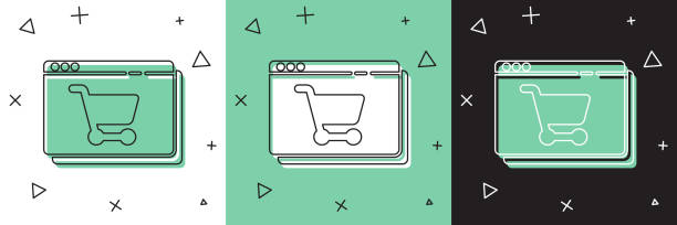 흰색과 녹색, 검은 색 배경에 격리 된 화면 아이콘에 온라인 쇼핑을 설정합니다. 개념 전자 상거래, 전자 비즈니스, 온라인 비즈니스 마케팅. 벡터 일러스트레이션 - laptop retail e commerce store stock illustrations