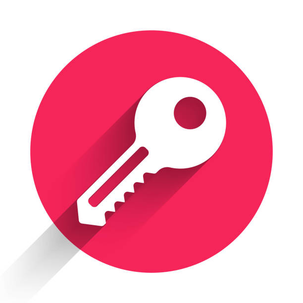 uzun gölgeile yalıtılmış beyaz anahtar simgesi. kırmızı daire düğmesi. vektör i̇llüstrasyonu - key stock illustrations