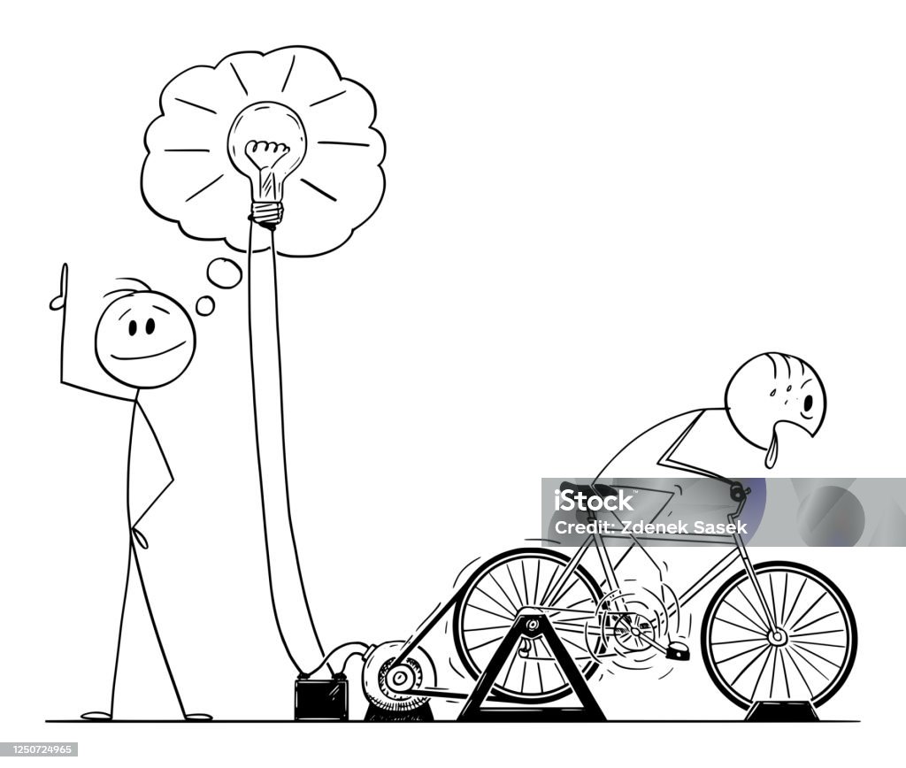Vector Cartoon Illustration Of Man Or Businessman Taking Credit Idea Or Innovation Powered By Another Employee On Bicycle Electric Power Generator Stock Illustration - Download Image Now - iStock Vector Cartoon Illustration Of Man Or Businessman Taking Credit Idea Or Innovation Powered By Another Employee On Bicycle Electric Power Generator Stock Illustration - Download Image Now - iStock