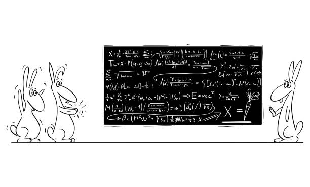 illustrations, cliparts, dessins animés et icônes de dessin animé vectoriel illustration de lapin, lièvre ou jackrabbit résolvant des équations mathématiques complexes sur le tableau noir avec la carotte comme résultat. concept de science et d’éducation. - formula blackboard complexity scientist