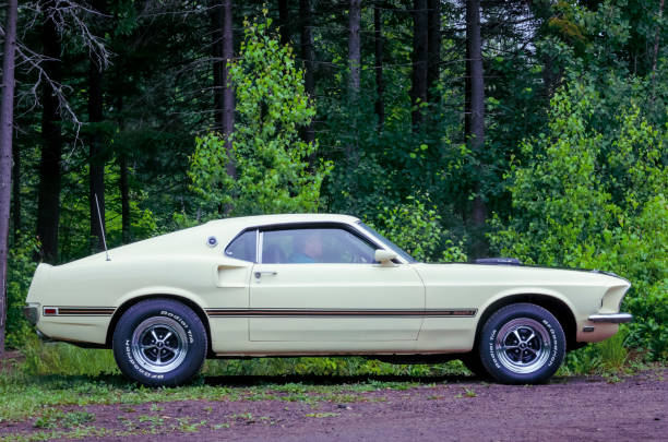Moncton, New Brunswick, Canada - July 10, 2016 : 1969 Ford Mustang Mach 1 parked at Centennial Park at 2016 Atlantic Nationals  in Moncton, New Brunswick Canada. A man sits in the passenger seat and appears to be waiting.