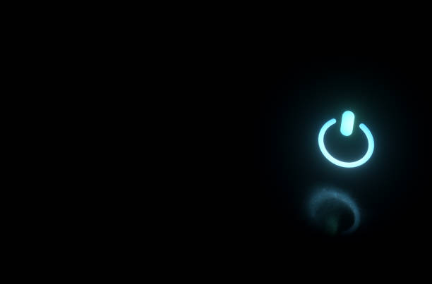 istock Neon Glowing Power Button Symbol Over the Reflective Floor and Glowing in Dark Background, 3d Rendering 1250735866