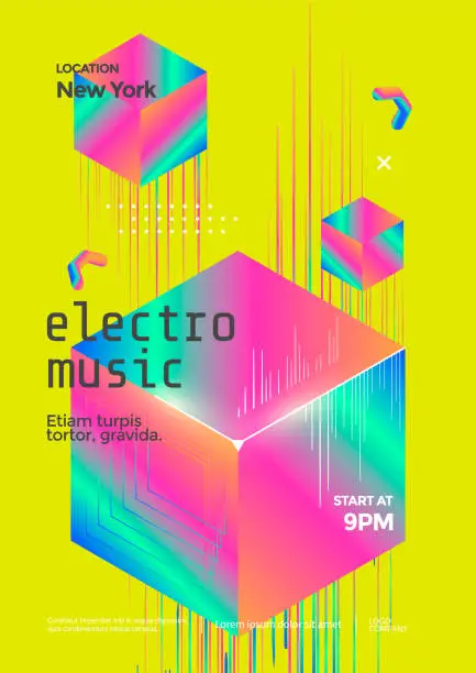 Vector illustration of Electro music modern club flyer with isometric cube