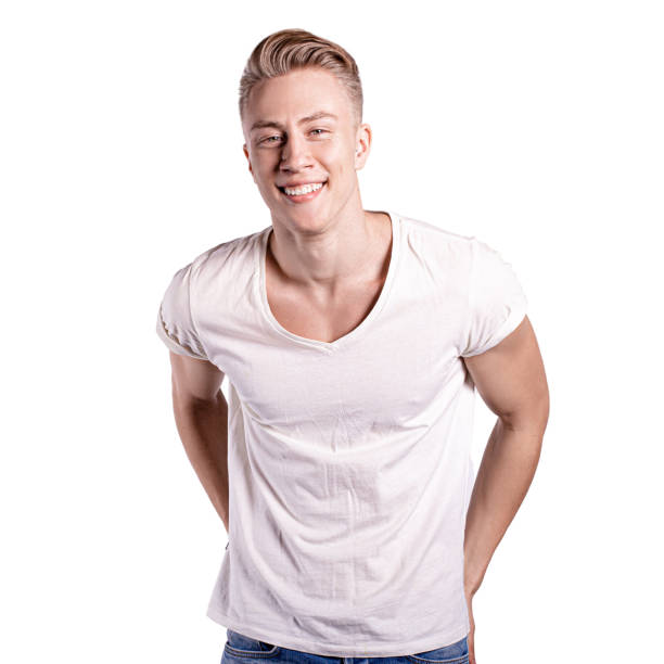istock Smiling shirtless male model flirting against white background 1250735987