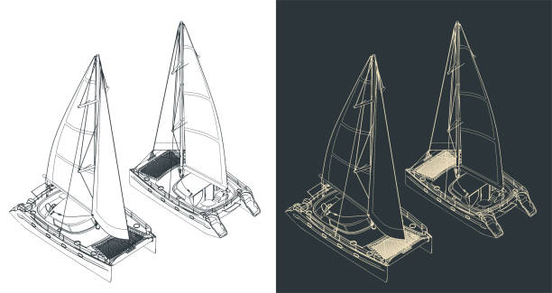 illustrations, cliparts, dessins animés et icônes de dessins isométriques de catamaran - isometric nautical vessel yacht sailboat