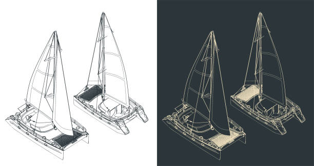 Catamaran isometric drawings Stylized vector illustration of isometric drawings of a sailing catamaran catamaran sailing boats stock illustrations