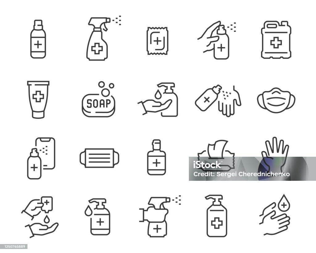 Antiseptics and Antivirus Protection Icon Set. Editable vector stroke Antiseptics and Antivirus Protection Icon Set. Collection of linear simple web icons such as Anti-Virus Protection, Disposable Gloves and Masks, Soap, Wet Antibacterial Wipes, Antiseptic, Hand and Object Disinfection and others. Icon stock vector