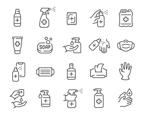 Antiseptics and Antivirus Protection Icon Set. Editable vector stroke Antiseptics and Antivirus Protection Icon Set. Collection of linear simple web icons such as Anti-Virus Protection, Disposable Gloves and Masks, Soap, Wet Antibacterial Wipes, Antiseptic, Hand and Object Disinfection and others. disinfection stock illustrations