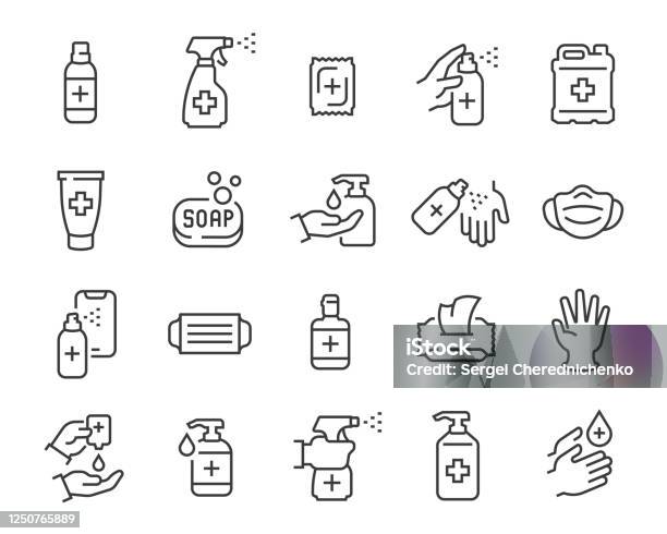Antiseptics And Antivirus Protection Icon Set Editable Vector Stroke Stock Illustration - Download Image Now