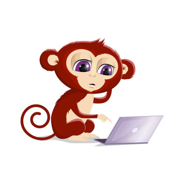 ilustraciones, imágenes clip art, dibujos animados e iconos de stock de mono confundido mirando a una computadora - telephone chimpanzee monkey on the phone