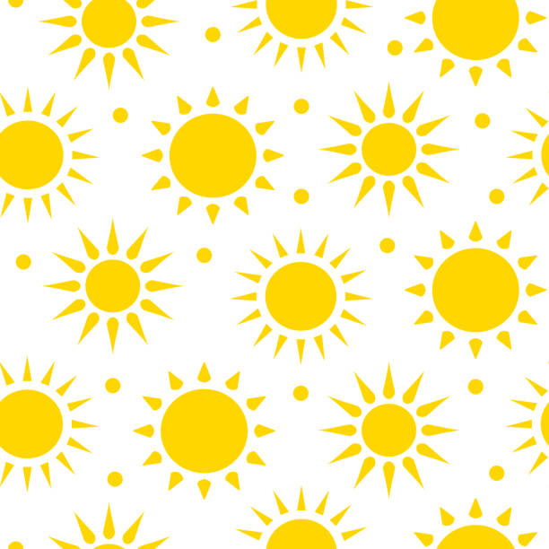Sunshine seamless pattern sun with rays vector Sunshine seamless pattern. Sun with rays limitless white background with yellow flat cartoon summer sign. Repeat ornament for decorative paper wrap, fabric, print, wallpaper decor. Vector illustration sun patterns stock illustrations