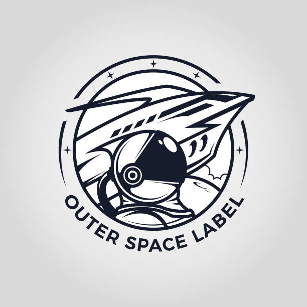 ilustrações de stock, clip art, desenhos animados e ícones de outer space emblem with astronaut and spaceship cut out vector - rocket earth planetary moon sky