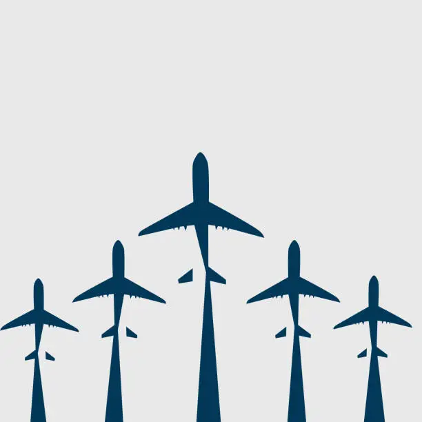 Vector illustration of five Airplane icon.Flying up airplane icons. Takeoff plane symbol.Vector illustration