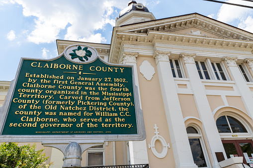 Port Gibson, MS / USA - June 19, 2020: Historic marker for Claiborne County, located in Port Gibson, Mississippi