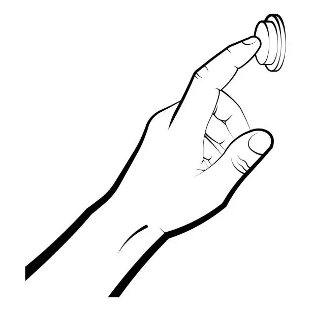 Vector illustration of hand gesture, man presses the button with his index finger. Doorbell rings, starts or stops an important action. Isolated vector on white