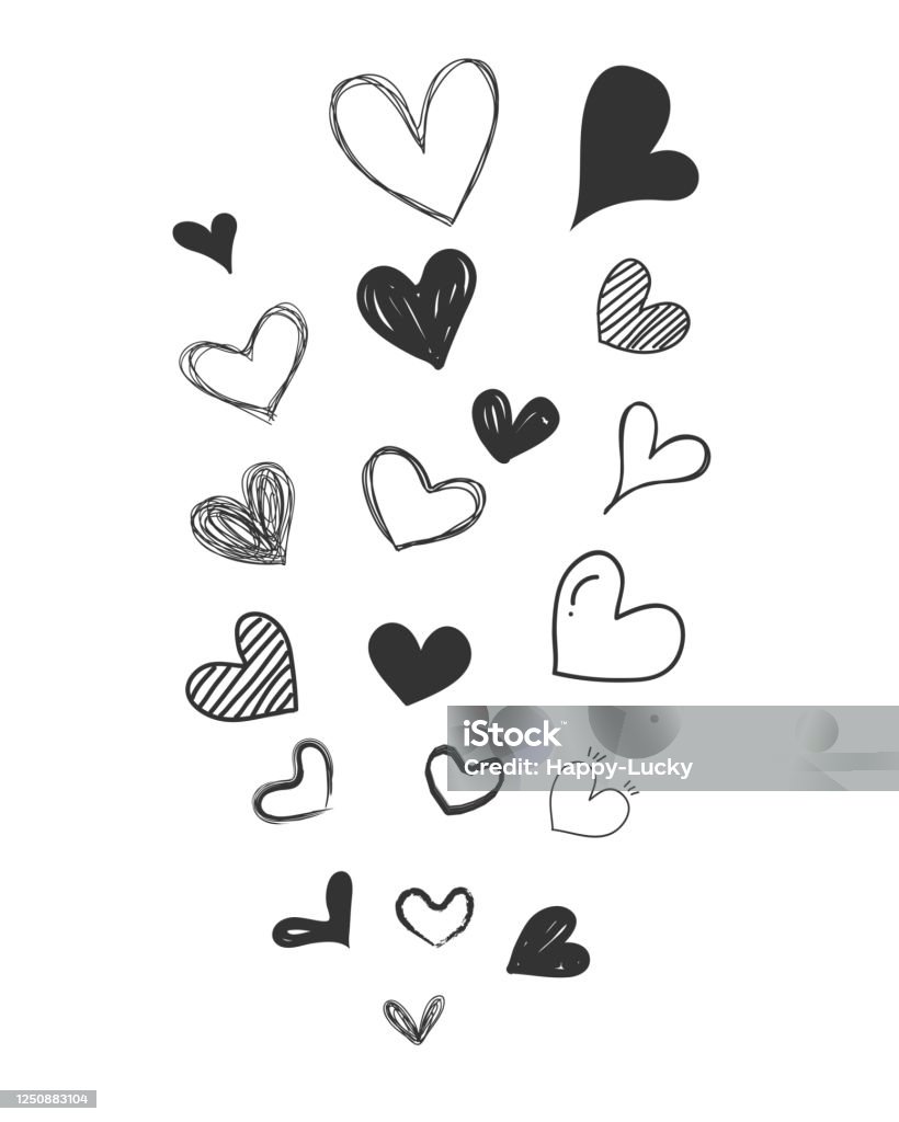 Set Of Scribble Black Hearts A Collection Of Heart Shapes Draw The ...