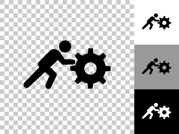 stick figure pushing gear icon na szachownicy przezroczyste tło - pushing stock illustrations