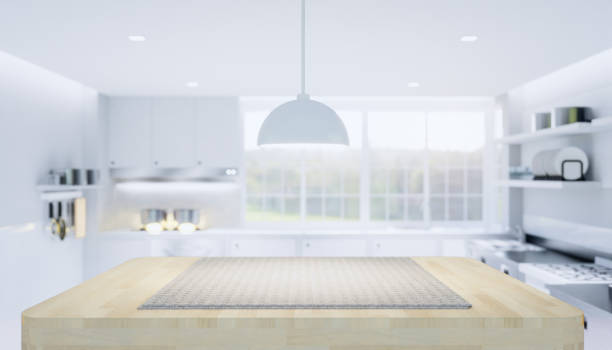 istock 3d rendering of wood countertop product display and blurred kitchen background. 1250904396