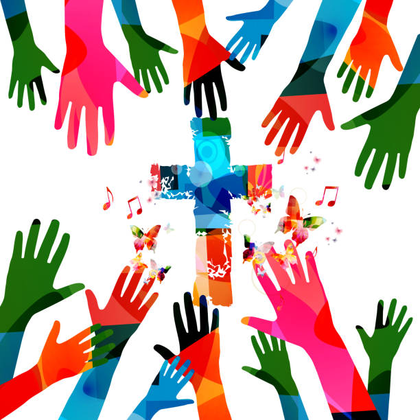 Colorful christian cross with music notes and hands Colorful christian cross with music notes and hands isolated vector illustration. Religion themed background. Design for gospel church music, choir singing, concert, festival, Christianity, prayer gospel stock illustrations