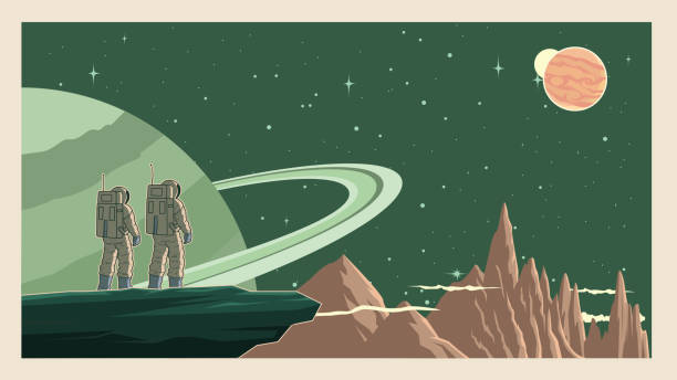 Vector Retro Astronaut in Space Stock Illustration A retro style vector illustration of a couple of astronaut standing on a cliff on a planet with outer space in the background. Wide space available for your copy. scenery video stock illustrations
