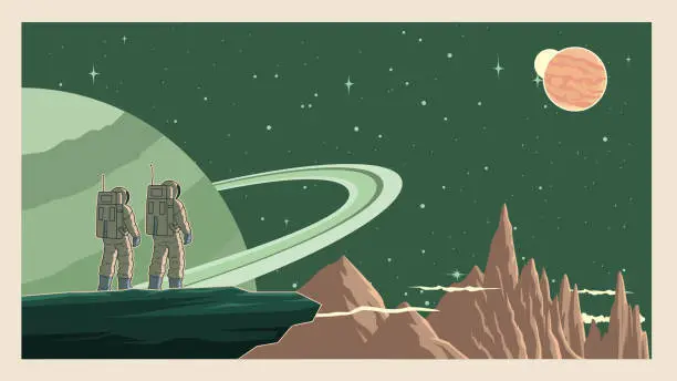 Vector illustration of Vector Retro Astronaut in Space Stock Illustration