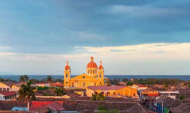 Panorama of Granada at sunset with the Nicaragua lake in the background, Nicaragua.