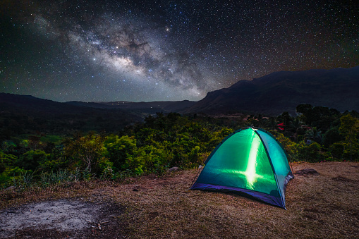 camping tent in a starry night