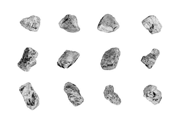 istock Silver stones set white background isolated closeup, iron mine nugget collection, gray metallic rock samples texture, raw metal ore pieces, group shiny grey lumps, natural mineral chunk, rough rubbles 1250910327