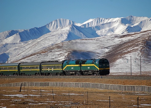 Nagqu, Tibet, China - November 25, 2008: Train enroute from Lhasa to Golmud, crossing the highest and most extensive highland in the world