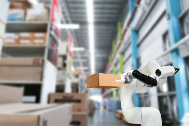 istock Industrial technology using robots mechanical arm the box in the factory 1250915619