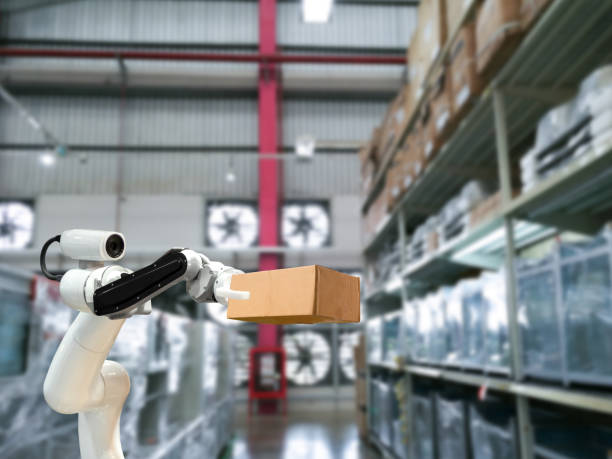 istock Industrial technology using robots mechanical arm the box in the factory 1250915622