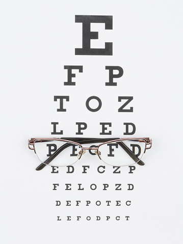 Glasses and optician chart on a white background. The view from the top. The concept of vision testing. Prevention of diseases of the eye.