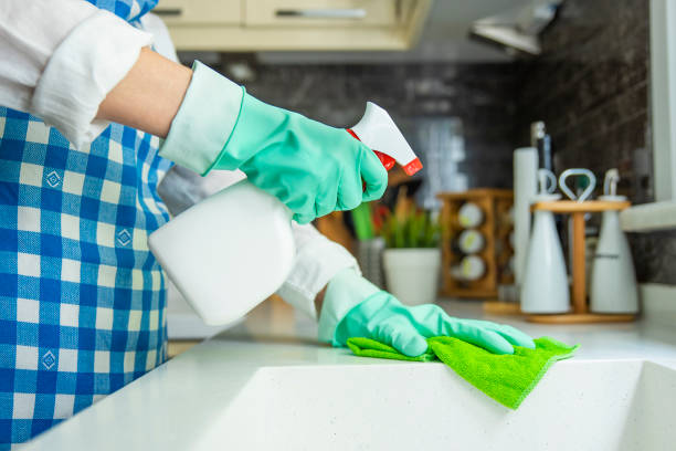 istock Woman cleaning kitchen top with rag and spray cleaner 1250922871