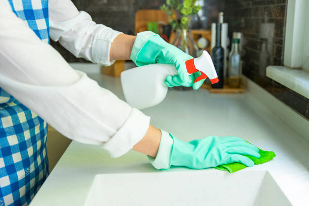 istock Woman cleaning kitchen top with rag and spray cleaner 1250922883
