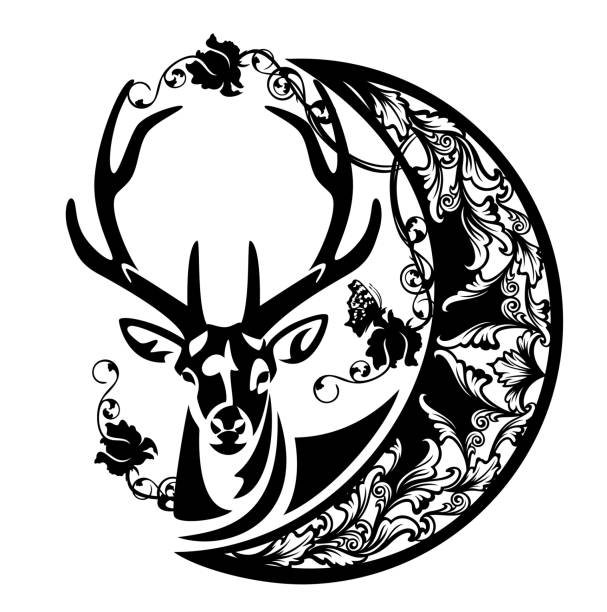 deer head and crescent moon for sweet dreams nighttime vector concept decor antler deer and crescent moon with rose flowers and butterfly - magic nature and good night concept black and white vector design moon clipart stock illustrations