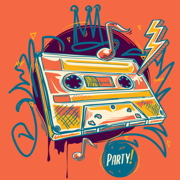 funky kaseta audio, kolorowy projekt muzyczny - old school rap stock illustrations