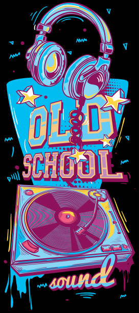 illustrazioni stock, clip art, cartoni animati e icone di tendenza di suono della vecchia scuola - funky colorato giradischi musicale disegnato e cuffie - old school rap